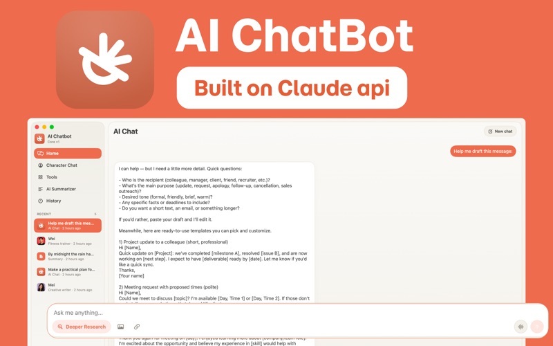 Coral AI ChatBot promotional screenshot with the words Built on Claude api