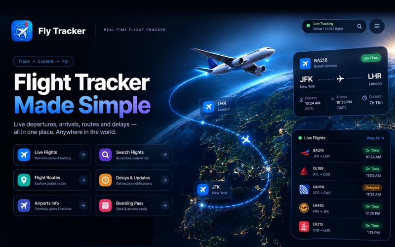 Flight Tracker Made Simple: the Mac promotion uses Fly Tracker branding and a blue globe layout.