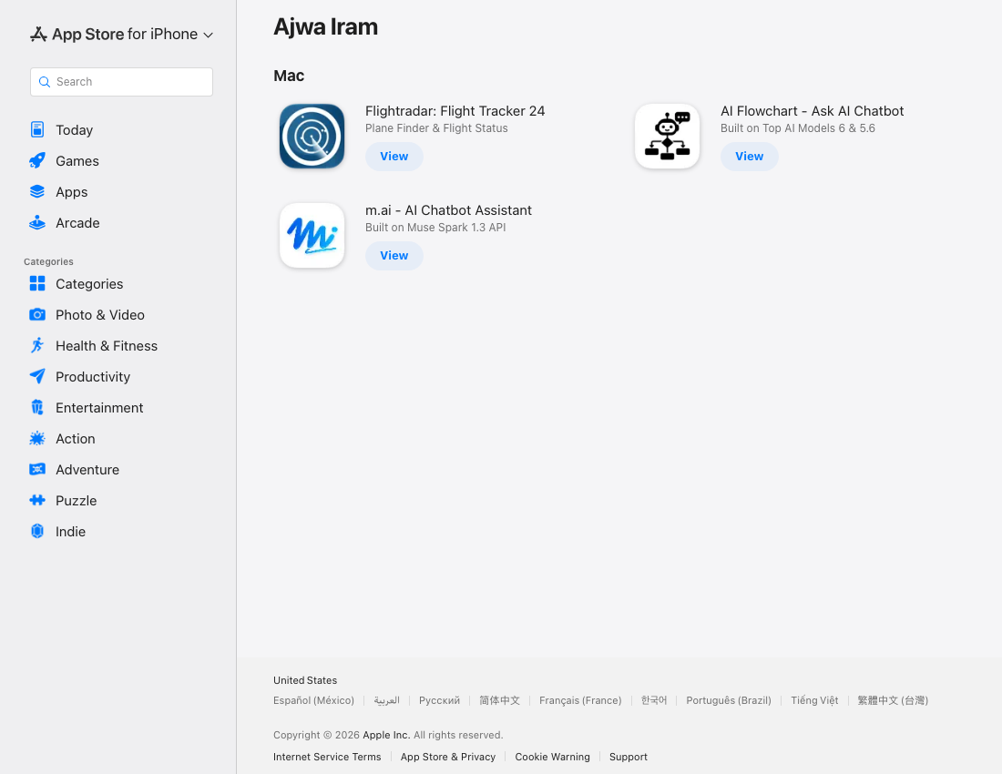 Apple developer catalog listing the flight tracker and both AI apps under Ajwa Iram.
