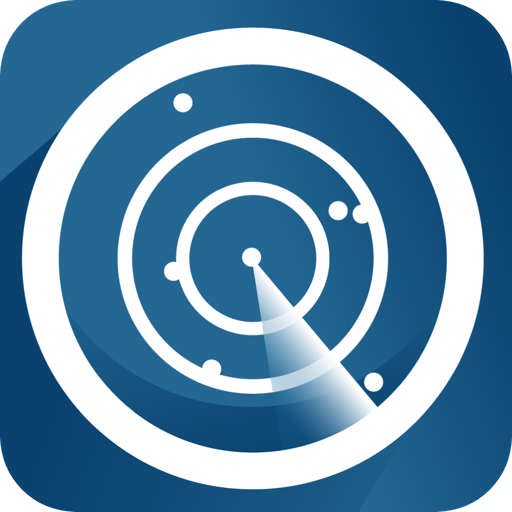 Ajwa Iram icon: white radar rings and beam pointing down-right on blue.