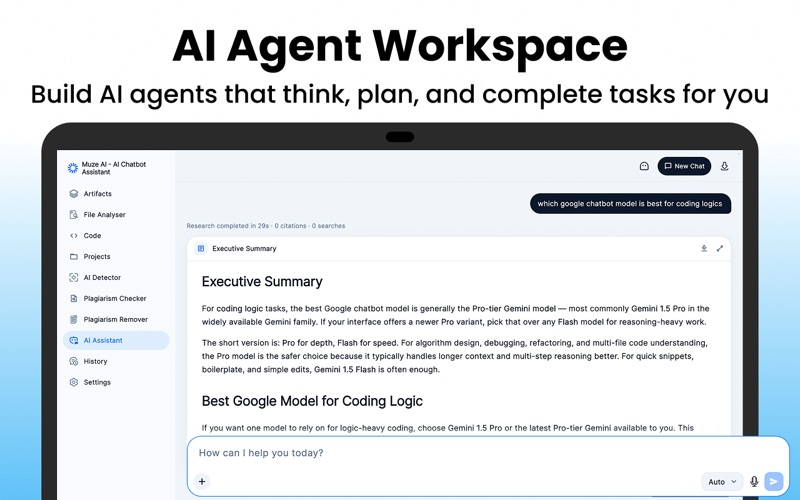 AI Agent Workspace with a chat interface and sidebar tools.