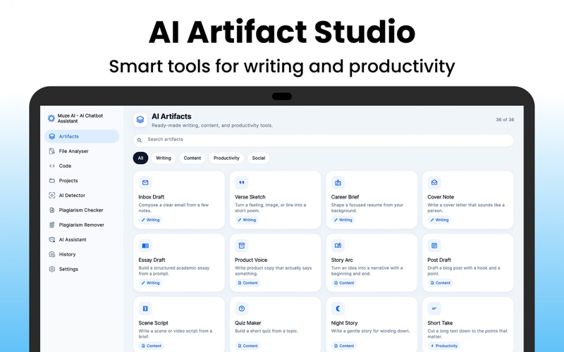 AI Artifact Studio with writing and productivity tools.