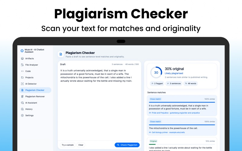 Plagiarism Checker with advertised match and originality results.