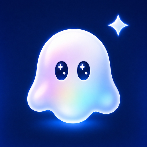 White glowing ghost with starry eyes and a sparkle on dark blue