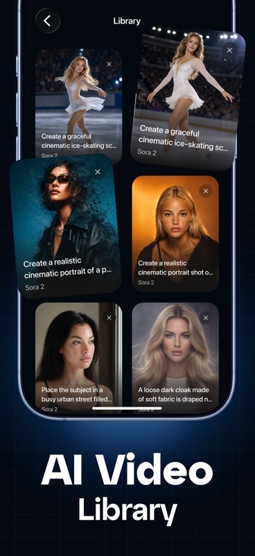 AI Video Library with Sora 2 labels beneath generation cards