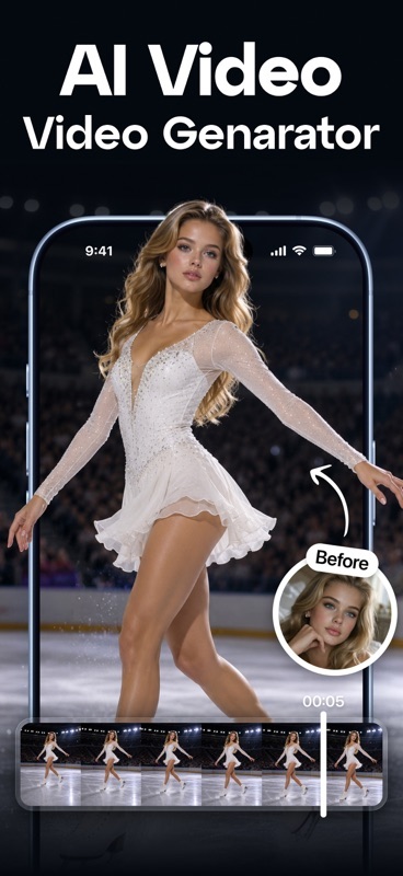 AI Video Video Genarator promotional image showing an ice skater