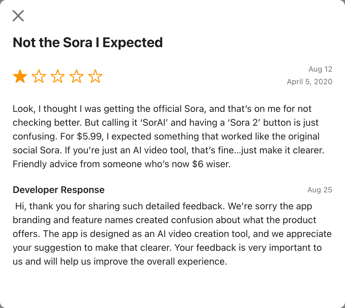 App Store review titled Not the Sora I Expected, describing confusion between SorAI and OpenAI Sora