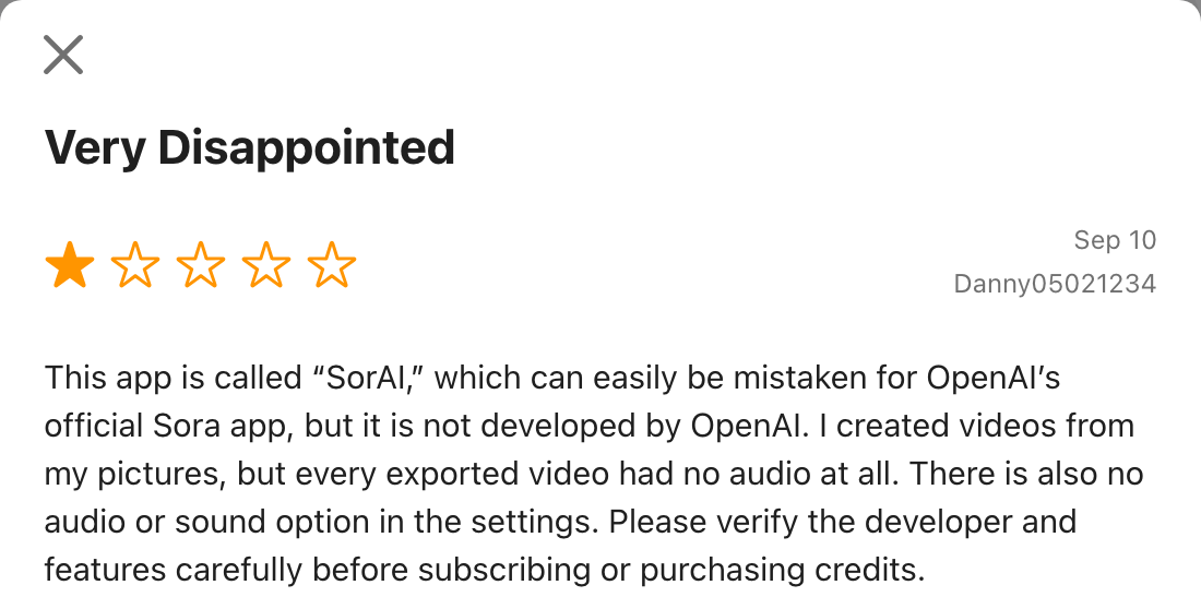 App Store review titled Very Disappointed, describing confusion between SorAI and OpenAI Sora